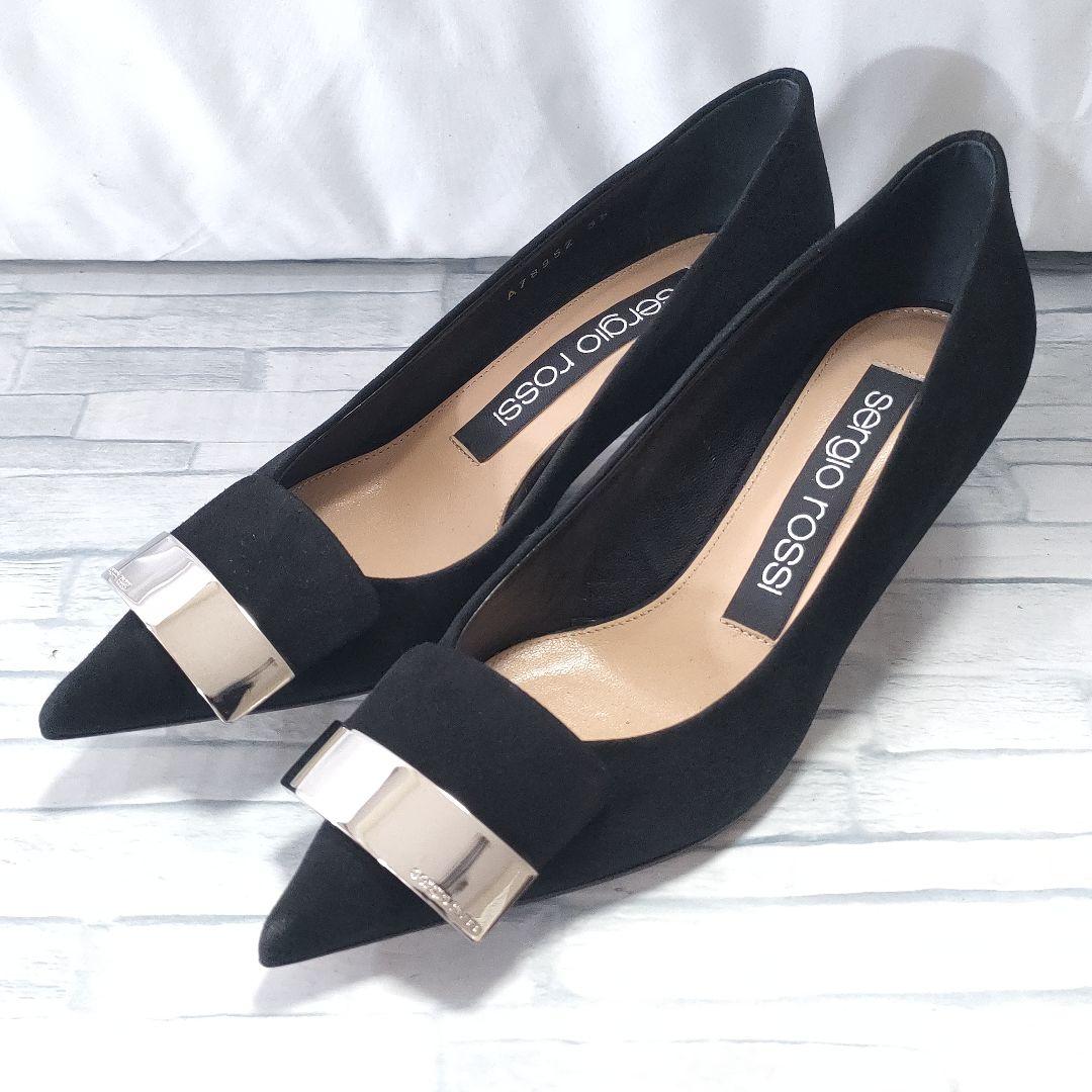 極美品✨セルジオロッシ　sr1　スウェードパンプス　プレート　黒×シルバー　35