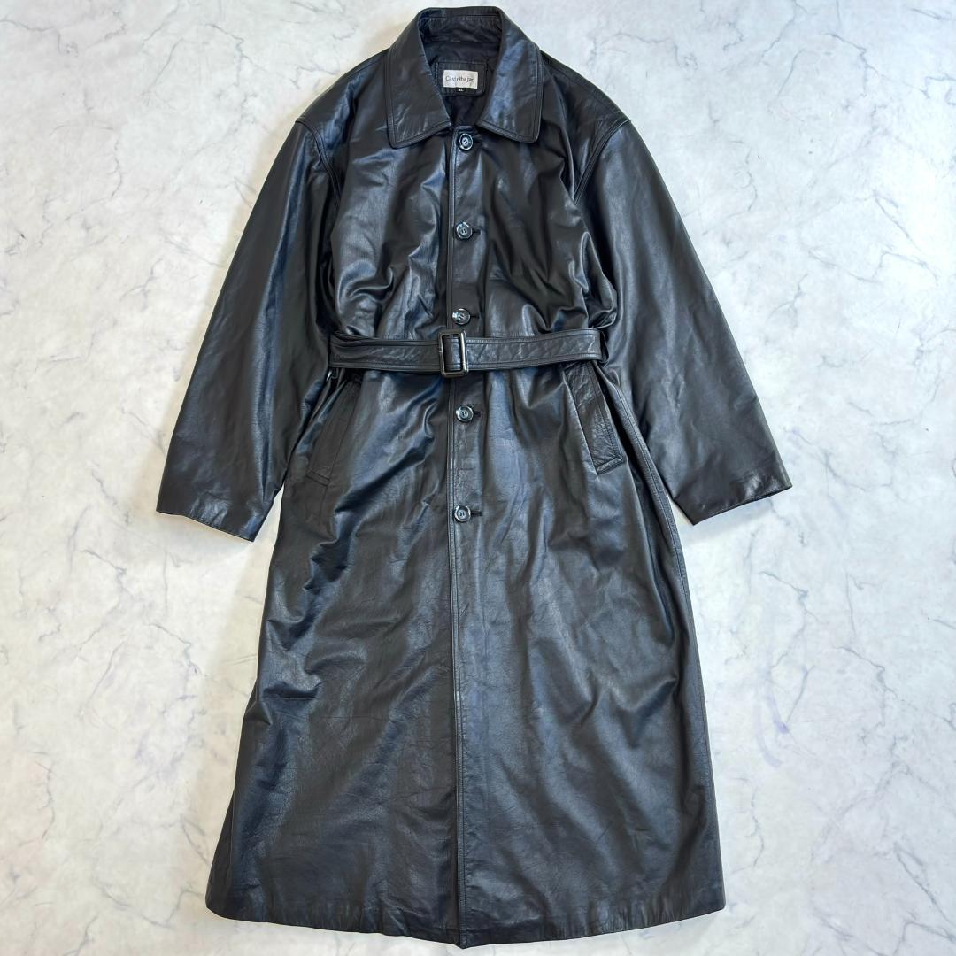カステルバジャック レザーロングコート ベルテッド 黒 ゆったり XL ts7