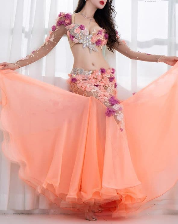 セールベリーダンス衣装 ブラスカートセット オレンジ系 花 オーダーメイド