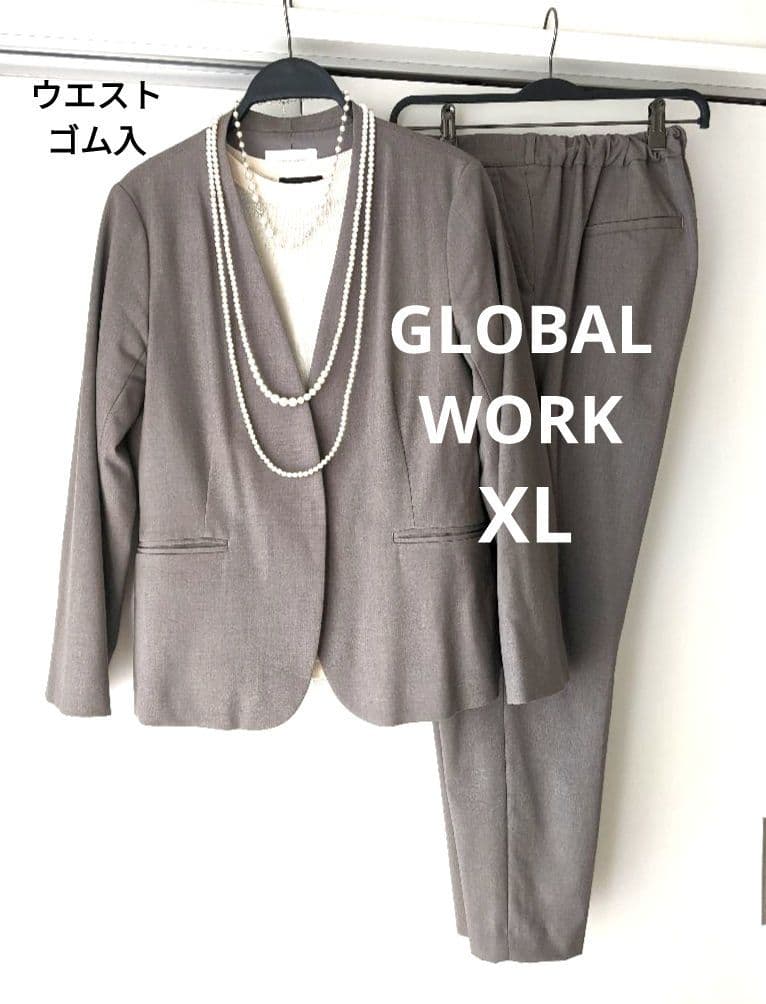 GLOBAL WORKノーカラー　パンツ　スーツ ウエストゴム　ブラウン系　XL