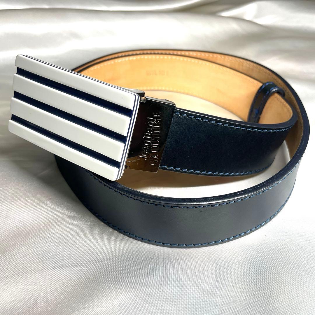 JPG ジャンポールゴルチエ　バックル　レザーベルト　イタリア製　ネイビー