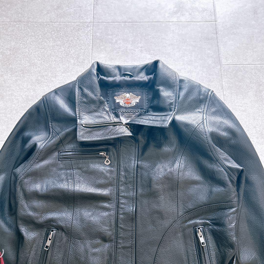 【極美品✨】ハーレーダビッドソン ライダースジャケット 革ジャン バラ刺繍 黒